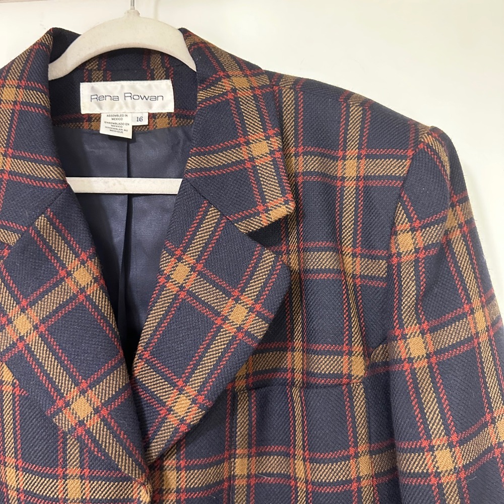 Rena Rowan Womens 16 Wool Blend Tartan Plaid Blazer Navy Brown Red Jacket